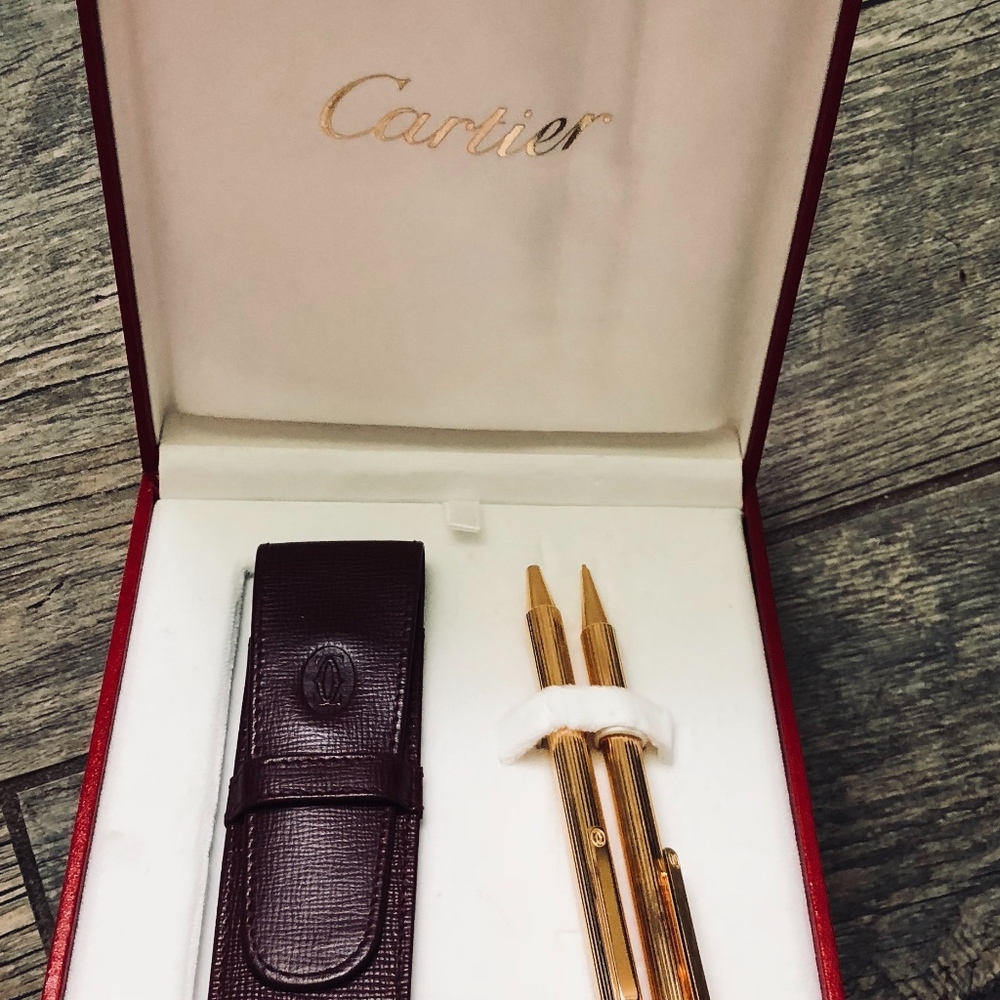 NEW Cartier Ballpoint Pen Pencil Set Leather VTG